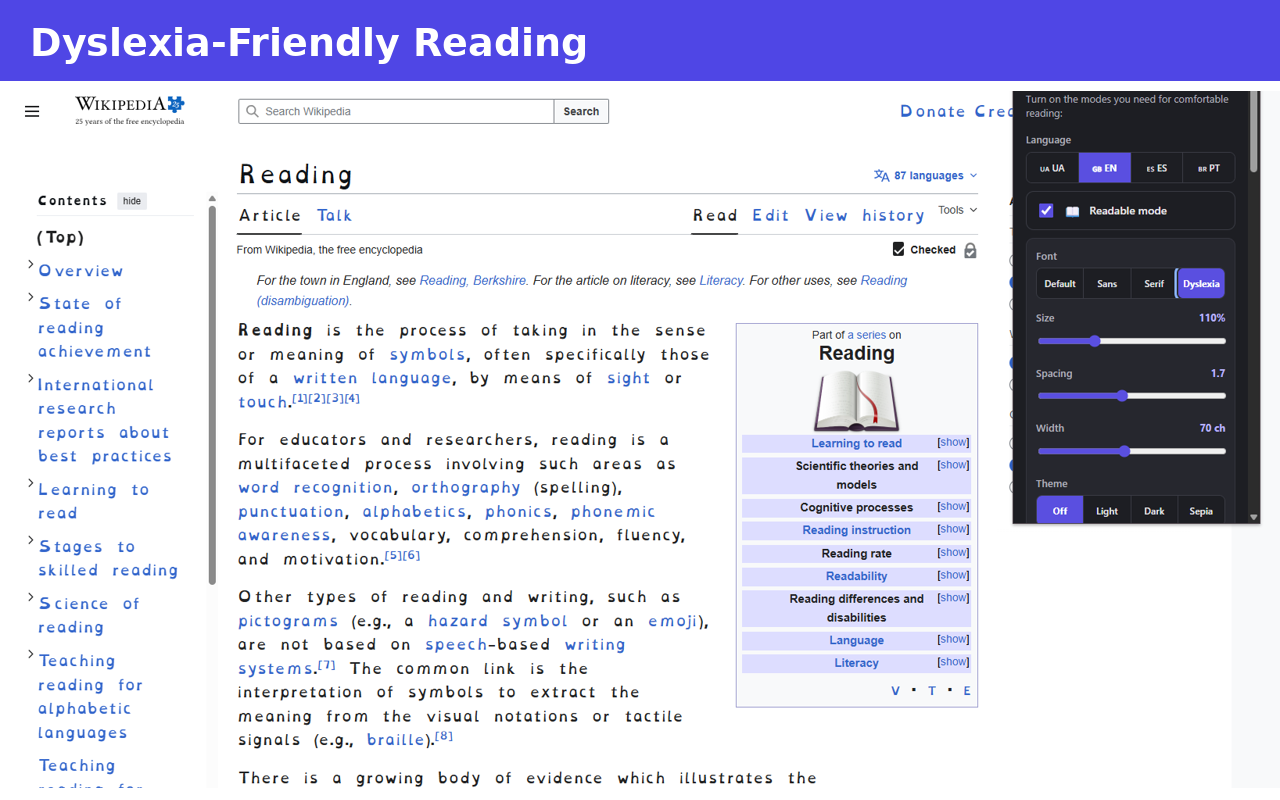 A web article shown with the dyslexia-friendly font, wider letter and line spacing.
