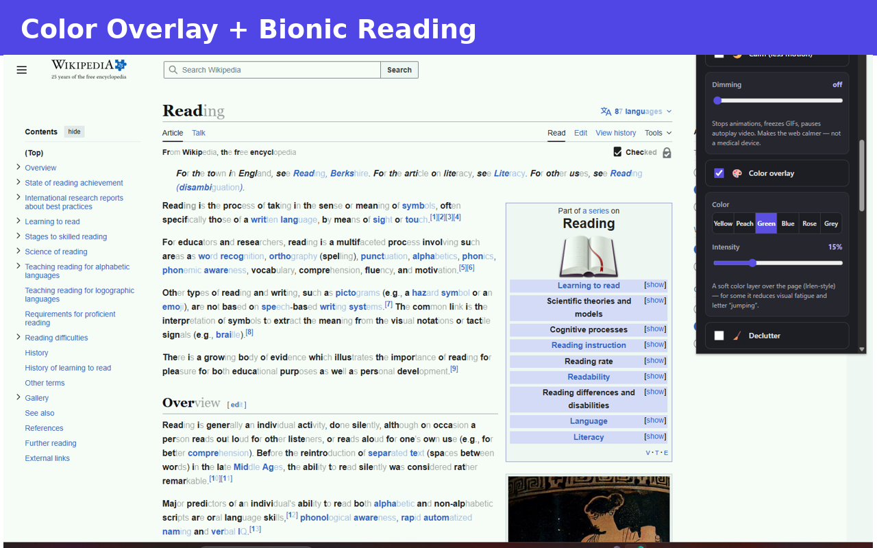An article with a soft colour layer over the page and the first letters of each word in bold.