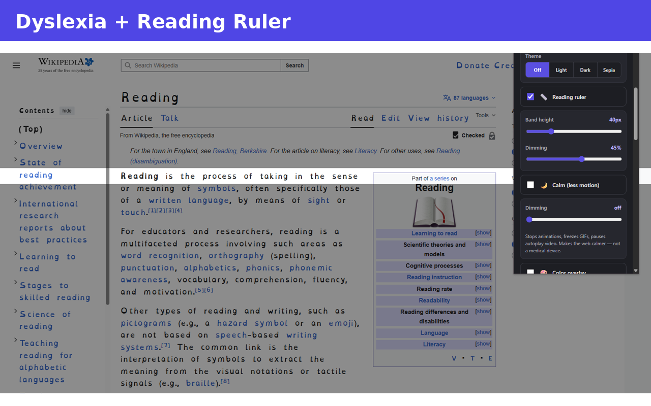 An article with a lit horizontal band highlighting one line while the rest of the page is dimmed.